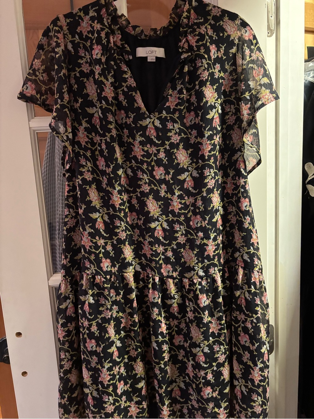 LOFT Black Floral V-Neck Tiered Midi Dress with Pink & Green Print